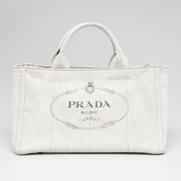 Prada Grey Canapa Denim Logo-Print Medium Tote Bag - Picture 2 of 10